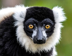 Obraz premium A close-up of a lemur with striking black and white fur and intense, bright eyes