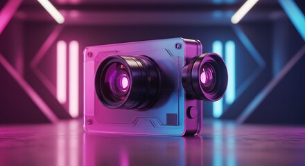Futuristic 3D Render of a Transparent Camera with Dual Lenses in Neon Lighting