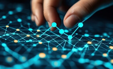 Close-up of hand interacting with glowing data network