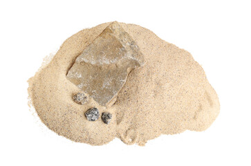 Light beach sand with stones on white background