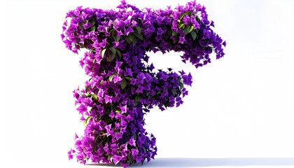 The letter "F" crafted from vibrant purple blossoms and green leaves