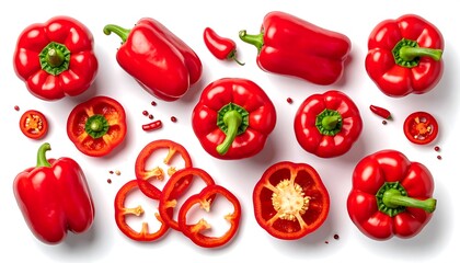 Overhead shot of vibrant red bell peppers, sliced & whole, with a small chili pepper & specks on a white background