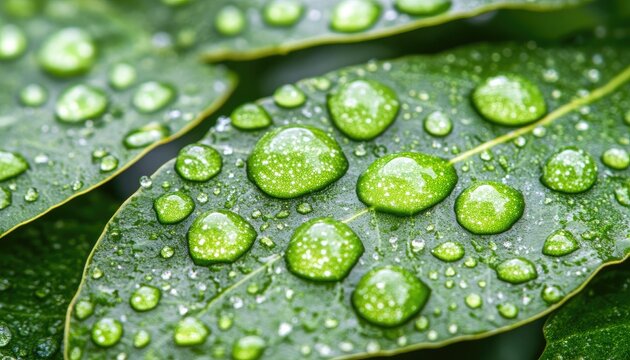 Close-up of rain drops on lush green leaves