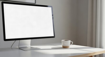 Minimalist workspace setup featuring a blank computer screen and a cup of coffee inviting a sense of calm productivity