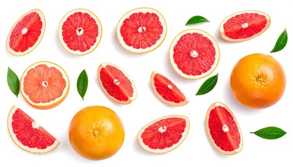 Overhead shot of vibrant red grapefruit slices and whole fruit, scattered with green leaves on a clean, white background