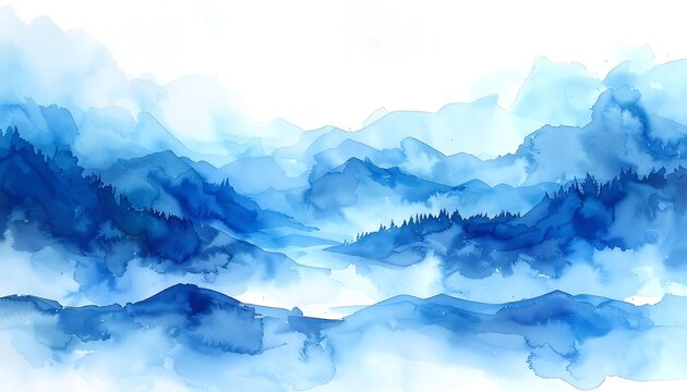 An abstract watercolor painting of layered blue mountain silhouettes fading into the distance, creating a misty landscape - Powered by Adobe