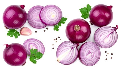 Overhead shot of vibrant red onions. Some sliced and whole, paired with peppercorns, parsley and garlic. Bright, clean aesthetic