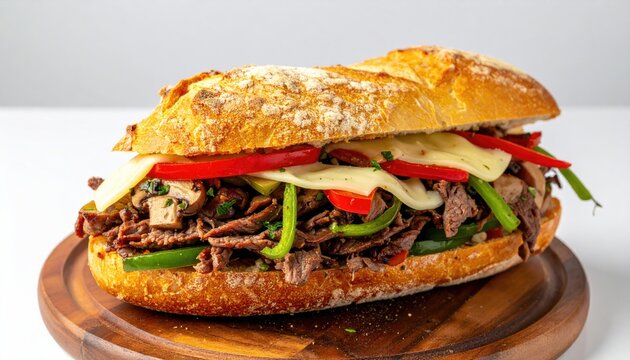 Delicious sub sandwich overflowing with ingredients on a wooden board