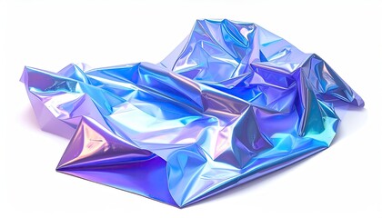 Iridescent, crumpled material reflecting vibrant blues, purples, and pinks on white