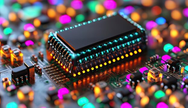 Colorful circuit board with central chip - Powered by Adobe