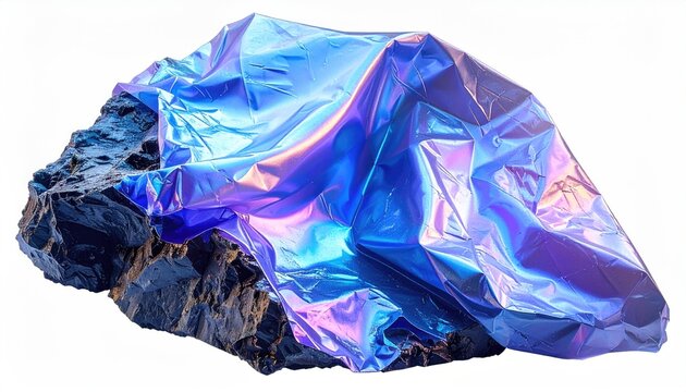 Dark, textured stone base draped with iridescent, crinkled, reflective material
