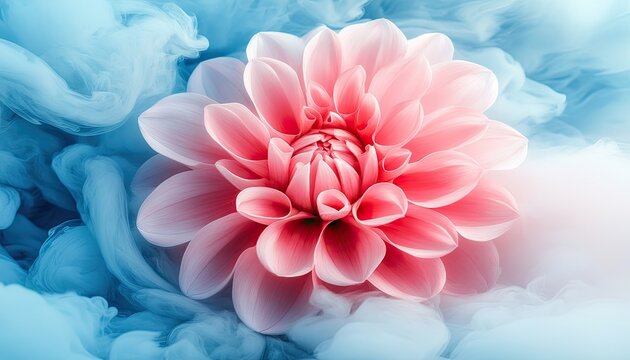 Delicate pink dahlia in swirling blue ink