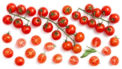Overhead shot of vibrant, ripe cherry tomatoes on stems, some halved, with green basil sprigs, on a white backdrop