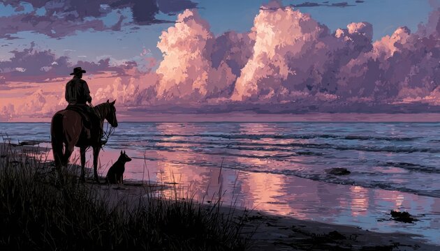 Cowboy, horse, dog at sunset on beach
