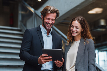 Smiling business colleagues using tablet together