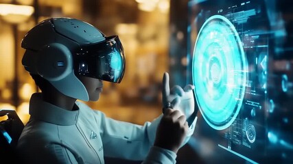 Futuristic virtual reality experience with a person interacting with a digital interface. - Powered by Adobe