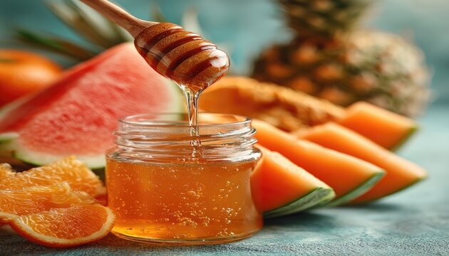 Honey dripping from dipper into glass jar, surrounded by fresh fruit slices - Powered by Adobe