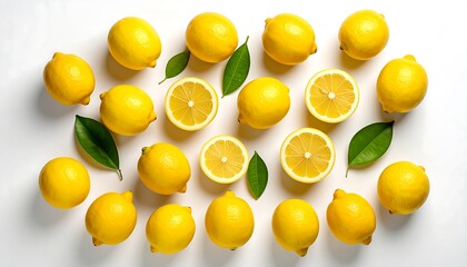 Overhead shot of vibrant yellow citrus fruit. Some are halved, revealing juicy interior. Green leaves are scattered amongst the fruit