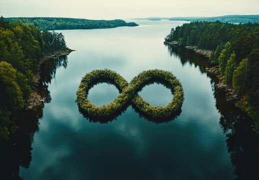 Infinity symbol of greenery on a lake