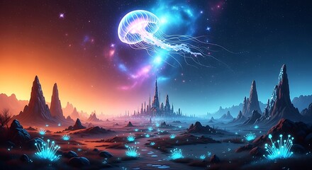 Naklejka premium Alien Landscape with Floating Jellyfish City and Cosmic Sky planet extraterrestrial