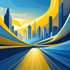 Abstract cityscape with a vibrant blue and yellow palette, stylized buildings