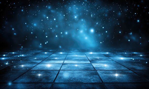 Dark blue tiled floor, glowing particles - Powered by Adobe