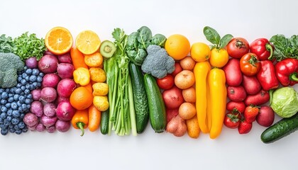 Colorful array of fresh produce, various fruits and vegetables arranged in a horizontal line on a white background © Popok
