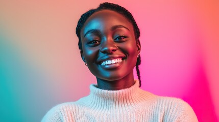 A multicultural individual smiles warmly in a close-up portrait, radiating joy and connection.