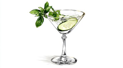 Obraz premium Refreshing Cucumber Basil Cocktail in Elegant Martini Glass