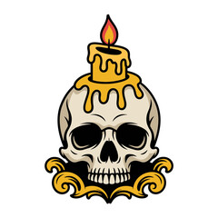 skull with melting candle, golden wax drips, decorative base scrolls, gothic altar vibe, spooky emblem, vector illustration