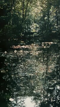 A painting of trees and water in a forest