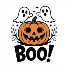 Halloween Pumpkin Vector, Scary Jack O Lantern with Ghosts, Boo Text Illustration, Spooky Halloween Vector, Ghost and Pumpkin Cartoon, Scary Holiday Decoration Design.

