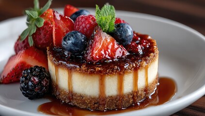 Decadent mini cheesecake topped with fresh berries