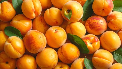 Overhead shot showcases a bountiful pile of ripe, orange-yellow fruits, some with green leaves, creating a vibrant texture and pattern