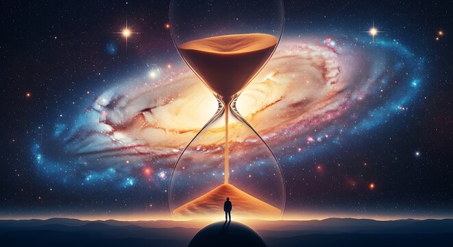 Hourglass with sand flowing against a backdrop of a swirling galaxy and starry sky time stars