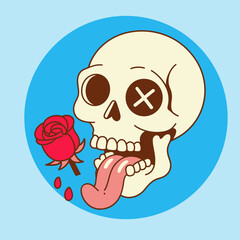 Cartoon skull licking tongue, blue circle background, rose detail, creepy punk aesthetic, playful spooky emblem, vector illustration