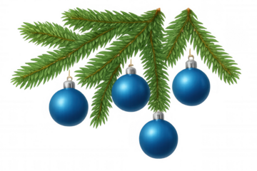 Real-looking spruce fir tree branch with blue christmas ornaments hanging, festive holiday season decoration