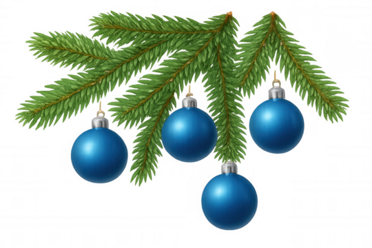 Real-looking spruce fir tree branch with blue christmas ornaments hanging, festive holiday season decoration