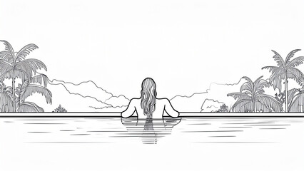 A person relaxing in an outdoor infinity pool surrounded by tropical jungle, soft morning mist rising, turquoise water reflecting golden sunrise, tranquil mood, wide panoramic shot from behind, sense 
