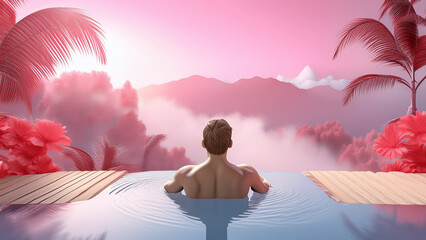 A person relaxing in an outdoor infinity pool surrounded by tropical jungle, soft morning mist rising, turquoise water reflecting golden sunrise, tranquil mood, wide panoramic shot from behind, sense 