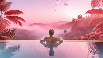 A person relaxing in an outdoor infinity pool surrounded by tropical jungle, soft morning mist rising, turquoise water reflecting golden sunrise, tranquil mood, wide panoramic shot from behind, sense 