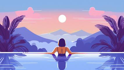 A person relaxing in an outdoor infinity pool surrounded by tropical jungle, soft morning mist rising, turquoise water reflecting golden sunrise, tranquil mood, wide panoramic shot from behind, sense 