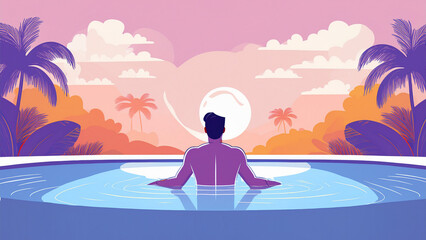 A person relaxing in an outdoor infinity pool surrounded by tropical jungle, soft morning mist rising, turquoise water reflecting golden sunrise, tranquil mood, wide panoramic shot from behind, sense 