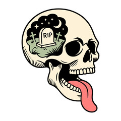 Skull with graveyard inside head, tombstone scene, long tongue, eerie surreal concept, gothic halloween artwork, vector illustration