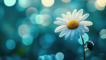 Delicate white daisy, dew drops, teal bokeh