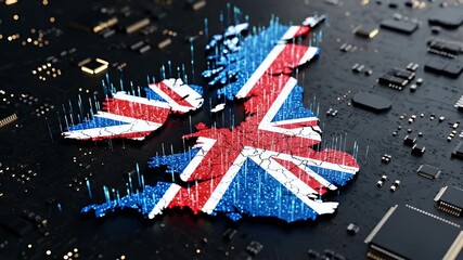 Futuristic digital map of the United Kingdom with a flag texture on a circuit board - Powered by Adobe