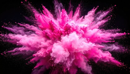 Explosion of Vivid Pink Powder on Dark Backdrop Dramatic Burst of Pigment Cloud with Abstract Texture and Dense Color Particles for Creative Visuals