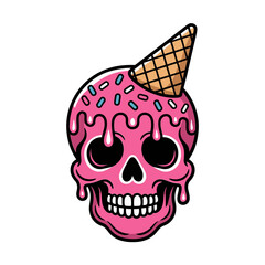 Pink skull scoop with cone, cherry on top, candy horror dessert, bright neon palette, quirky halloween vector