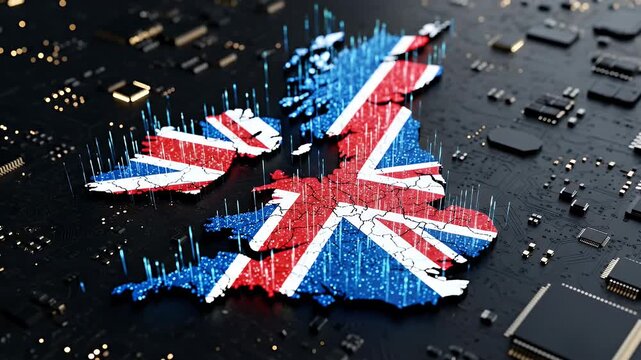 Futuristic digital map of the United Kingdom with a flag texture on a circuit board