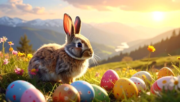 An adorable bunny rabbit sits amidst vibrant, decorated Easter eggs in a sunny meadow with mountains, flowers, & golden light